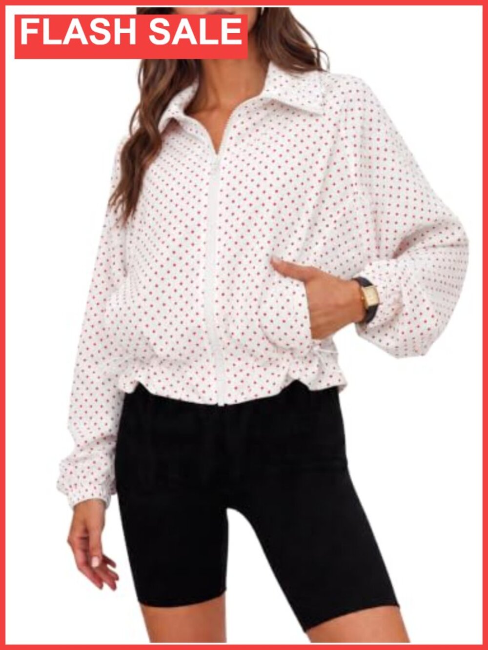 Women's Polka Dot Cropped Zip Up Oversized Casual Fall Jacket